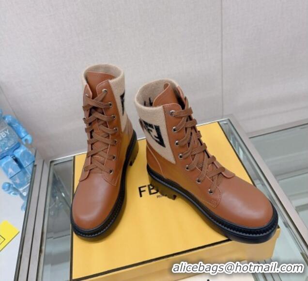 Low Cost Fendi Domino Ankle Lace-up Boots in Leather and FF Knit Brown 912014