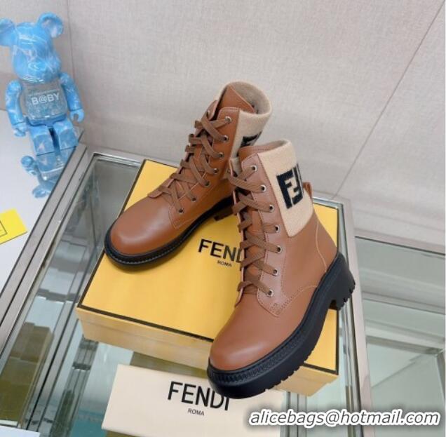 Low Cost Fendi Domino Ankle Lace-up Boots in Leather and FF Knit Brown 912014