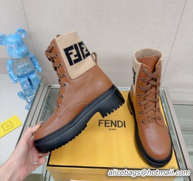 Low Cost Fendi Domino Ankle Lace-up Boots in Leather and FF Knit Brown 912014