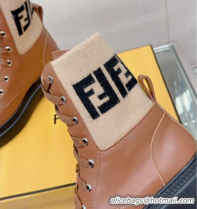 Low Cost Fendi Domino Ankle Lace-up Boots in Leather and FF Knit Brown 912014