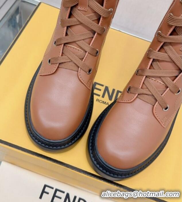 Low Cost Fendi Domino Ankle Lace-up Boots in Leather and FF Knit Brown 912014