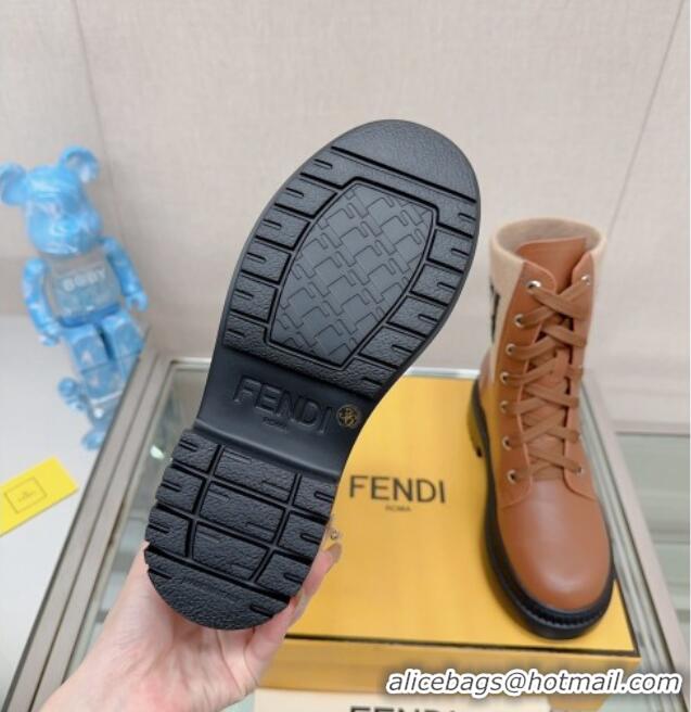 Low Cost Fendi Domino Ankle Lace-up Boots in Leather and FF Knit Brown 912014