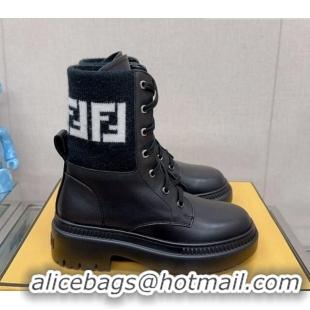 Lowest Price Fendi Domino Ankle Lace-up Boots in Leather and FF Knit Black 912015