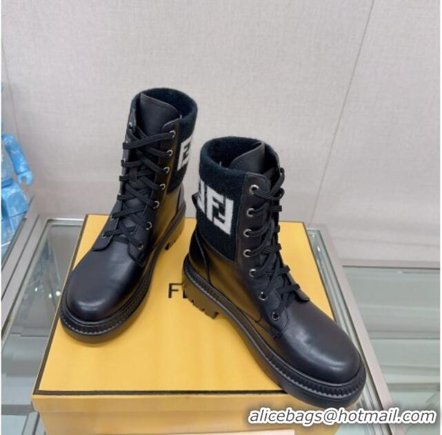 Lowest Price Fendi Domino Ankle Lace-up Boots in Leather and FF Knit Black 912015