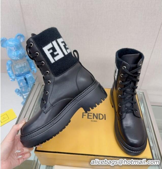 Lowest Price Fendi Domino Ankle Lace-up Boots in Leather and FF Knit Black 912015