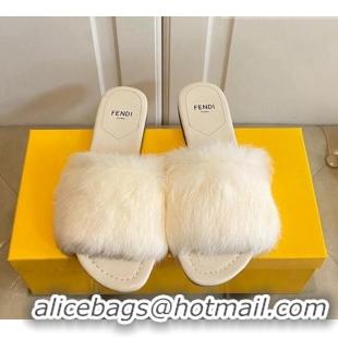 Charming Fendi Rabbit Fur Flat Slide Sandals White 014037