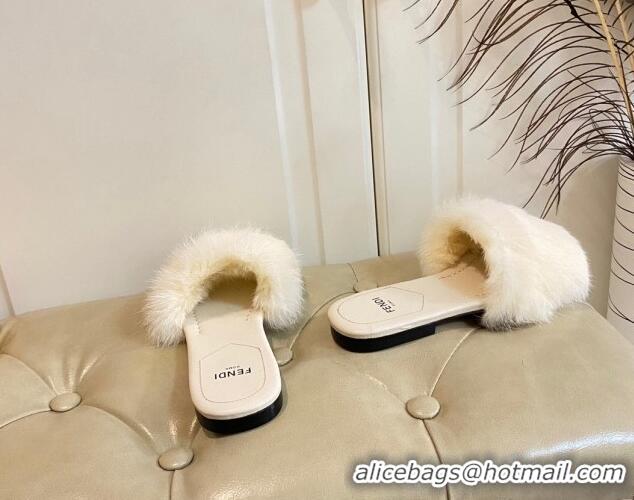 Charming Fendi Rabbit Fur Flat Slide Sandals White 014037