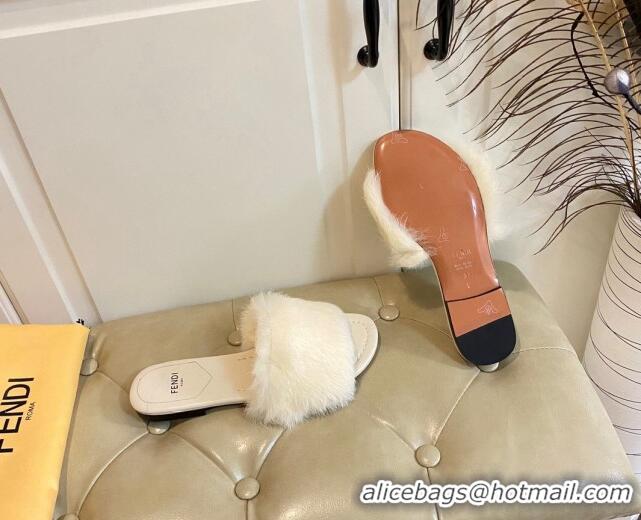 Charming Fendi Rabbit Fur Flat Slide Sandals White 014037