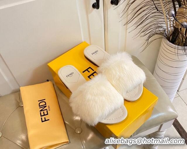 Charming Fendi Rabbit Fur Flat Slide Sandals White 014037