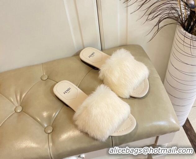 Charming Fendi Rabbit Fur Flat Slide Sandals White 014037