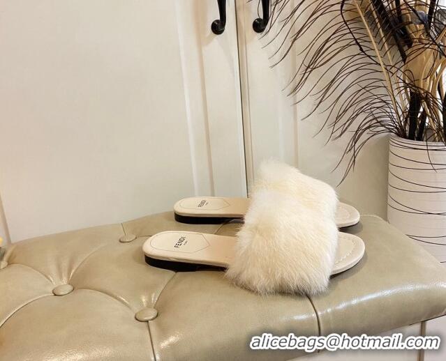 Charming Fendi Rabbit Fur Flat Slide Sandals White 014037