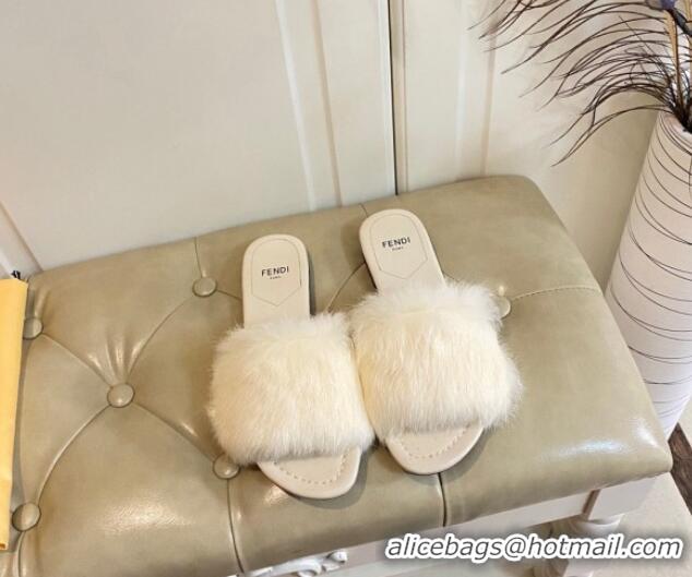 Charming Fendi Rabbit Fur Flat Slide Sandals White 014037