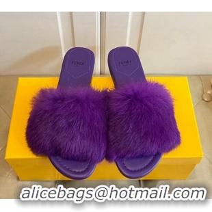 Good Product Fendi Rabbit Fur Flat Slide Sandals Dark Purple 014038