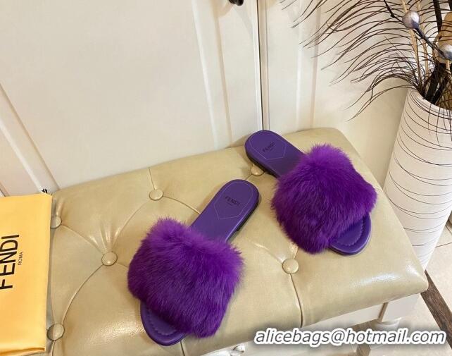 Good Product Fendi Rabbit Fur Flat Slide Sandals Dark Purple 014038