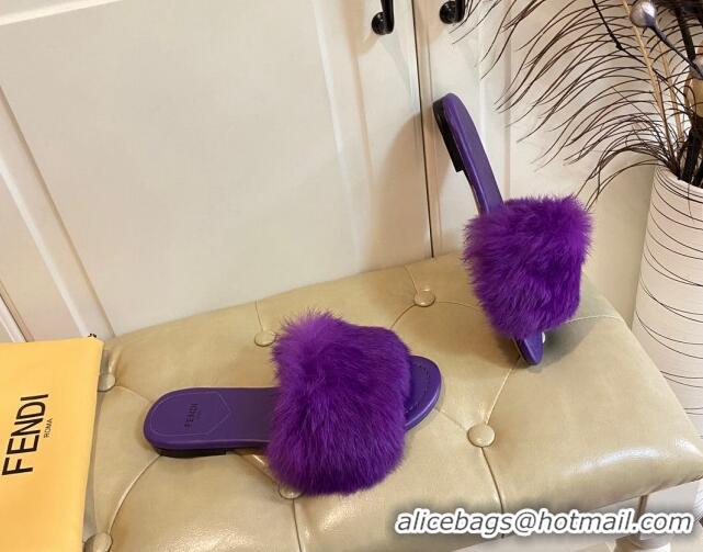 Good Product Fendi Rabbit Fur Flat Slide Sandals Dark Purple 014038