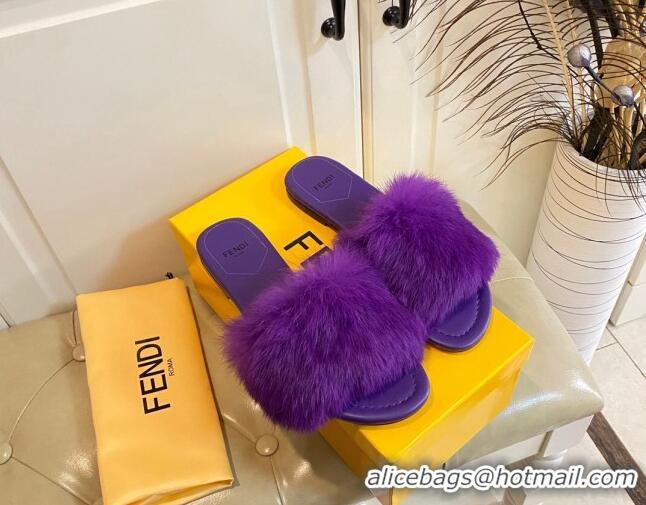 Good Product Fendi Rabbit Fur Flat Slide Sandals Dark Purple 014038