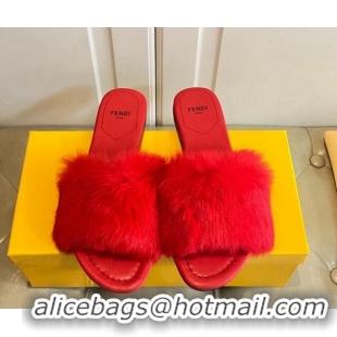 Big Discount Fendi Rabbit Fur Flat Slide Sandals Red 014039