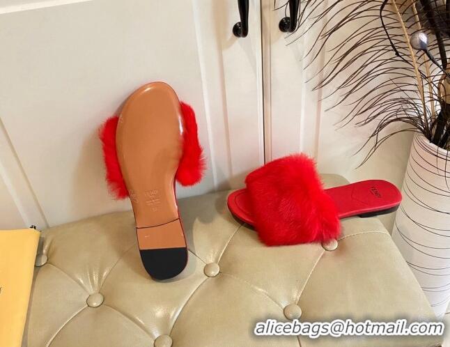 Big Discount Fendi Rabbit Fur Flat Slide Sandals Red 014039