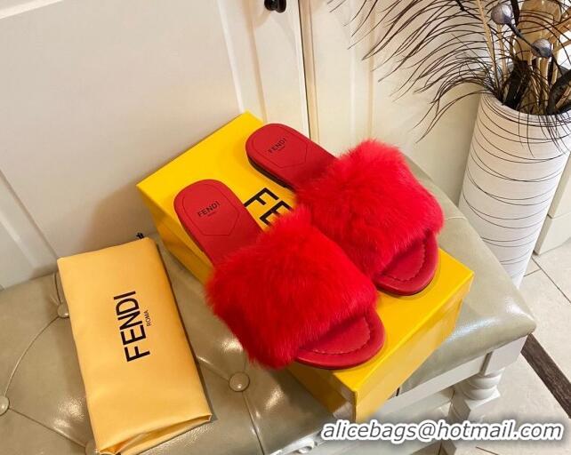 Big Discount Fendi Rabbit Fur Flat Slide Sandals Red 014039