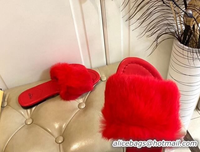 Big Discount Fendi Rabbit Fur Flat Slide Sandals Red 014039