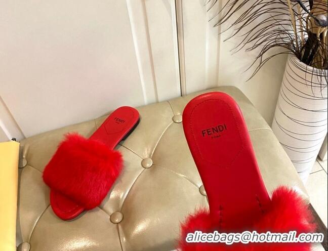 Big Discount Fendi Rabbit Fur Flat Slide Sandals Red 014039