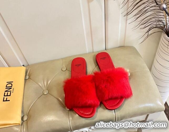 Big Discount Fendi Rabbit Fur Flat Slide Sandals Red 014039