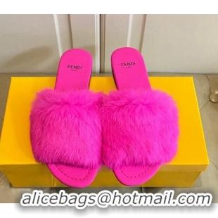 Top Design Fendi Rabbit Fur Flat Slide Sandals Bright Pink 014040