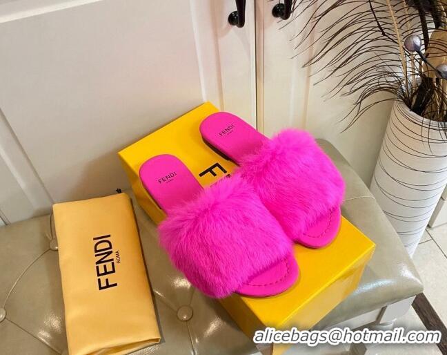 Top Design Fendi Rabbit Fur Flat Slide Sandals Bright Pink 014040