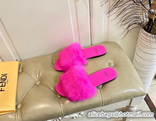 Top Design Fendi Rabbit Fur Flat Slide Sandals Bright Pink 014040