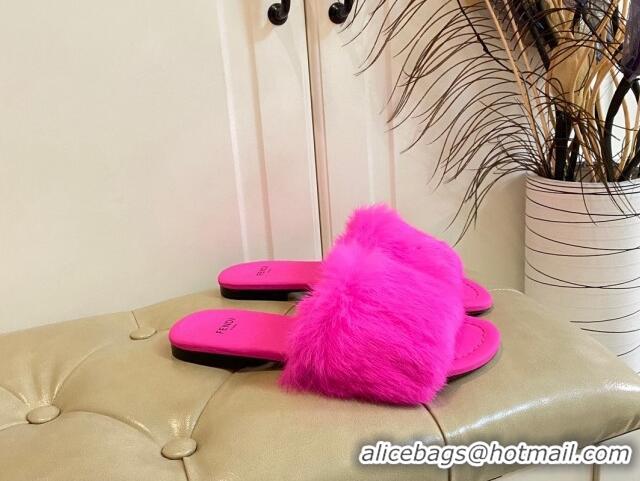 Top Design Fendi Rabbit Fur Flat Slide Sandals Bright Pink 014040