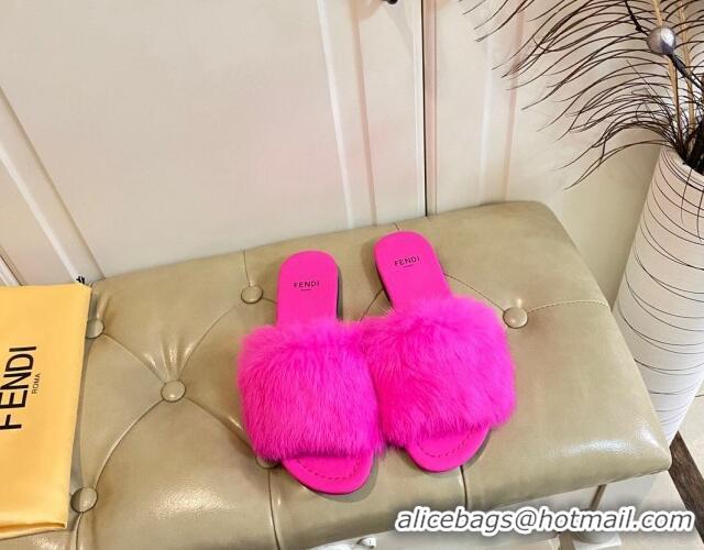 Top Design Fendi Rabbit Fur Flat Slide Sandals Bright Pink 014040