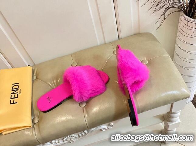 Top Design Fendi Rabbit Fur Flat Slide Sandals Bright Pink 014040