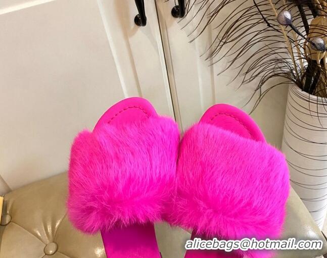 Top Design Fendi Rabbit Fur Flat Slide Sandals Bright Pink 014040