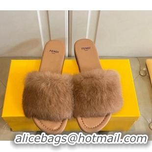 Trendy Design Fendi Rabbit Fur Flat Slide Sandals Brown 014041