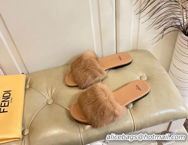 Trendy Design Fendi Rabbit Fur Flat Slide Sandals Brown 014041