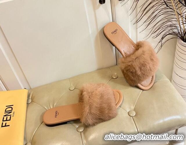 Trendy Design Fendi Rabbit Fur Flat Slide Sandals Brown 014041