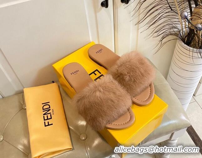 Trendy Design Fendi Rabbit Fur Flat Slide Sandals Brown 014041