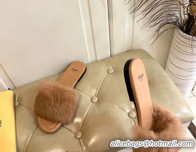 Trendy Design Fendi Rabbit Fur Flat Slide Sandals Brown 014041