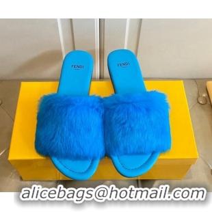 Cheap Price Fendi Rabbit Fur Flat Slide Sandals Sky Blue 1014042