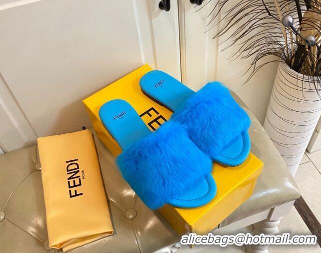 Cheap Price Fendi Rabbit Fur Flat Slide Sandals Sky Blue 1014042