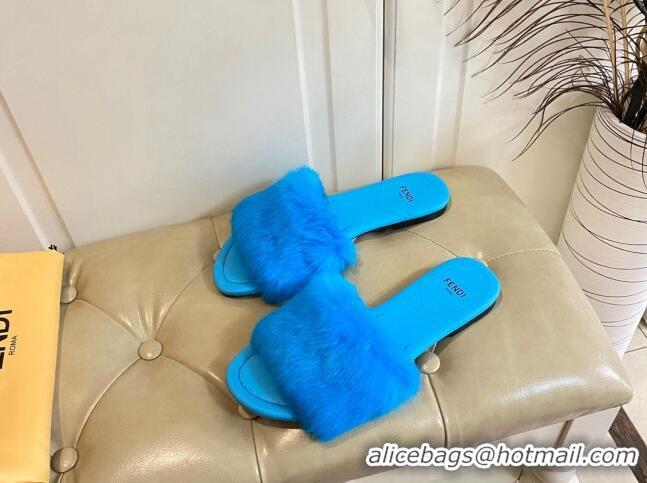 Cheap Price Fendi Rabbit Fur Flat Slide Sandals Sky Blue 1014042