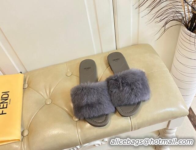 Shop Duplicate Fendi Rabbit Fur Flat Slide Sandals Dark Green 014043