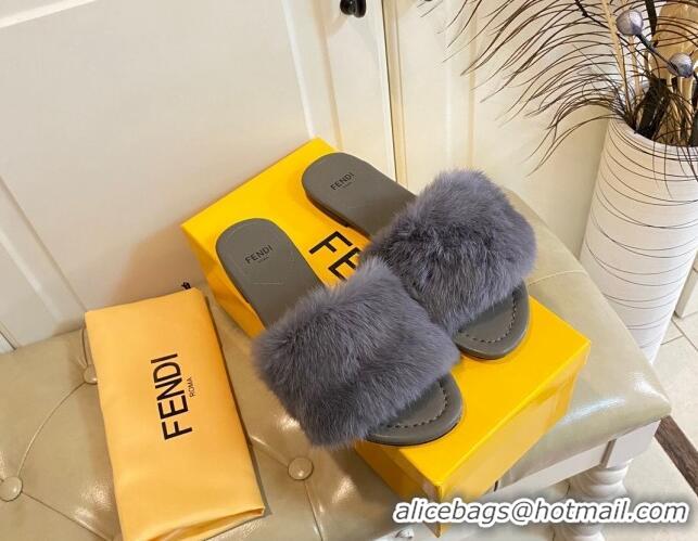 Shop Duplicate Fendi Rabbit Fur Flat Slide Sandals Dark Green 014043