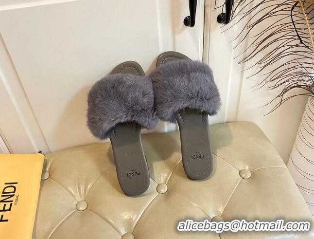 Shop Duplicate Fendi Rabbit Fur Flat Slide Sandals Dark Green 014043