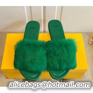 Popular Style Fendi Rabbit Fur Flat Slide Sandals Green 014044