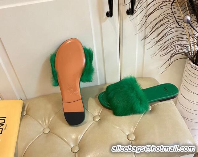 Popular Style Fendi Rabbit Fur Flat Slide Sandals Green 014044