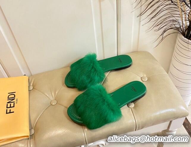 Popular Style Fendi Rabbit Fur Flat Slide Sandals Green 014044