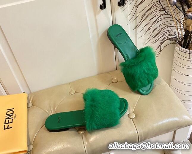 Popular Style Fendi Rabbit Fur Flat Slide Sandals Green 014044