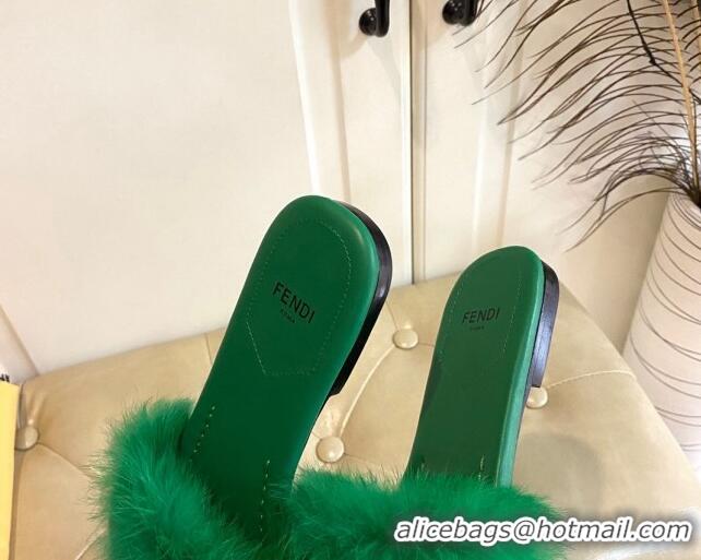 Popular Style Fendi Rabbit Fur Flat Slide Sandals Green 014044