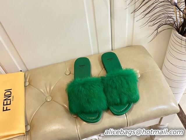 Popular Style Fendi Rabbit Fur Flat Slide Sandals Green 014044